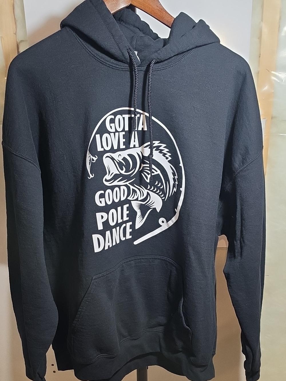 Gildan Black Crewneck Hoodie with White Fishing Graphic